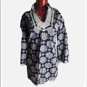 346 Brooks Brothers Blue/White Floral Lace Trim -Tunic Blouse Top Sz L LARGE
